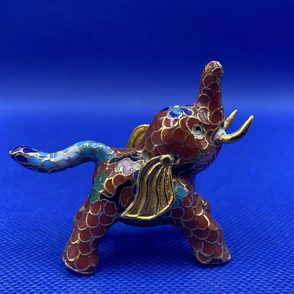 Vintage Cloisonne Gilt Elephant Figurine Enameled Red /Gold 2" X 3"